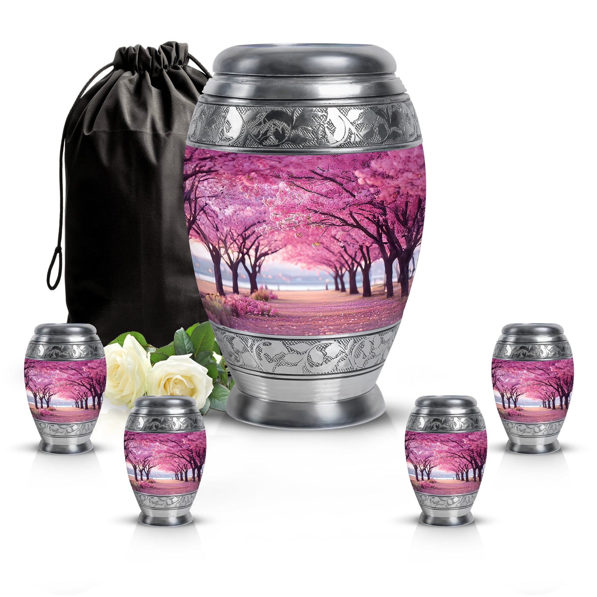 Salmon Pink Cherry Blossom Cremation Urn detail view - royal cherry blossom engraving with decorative scrollwork - memorial set with one large and four small urns