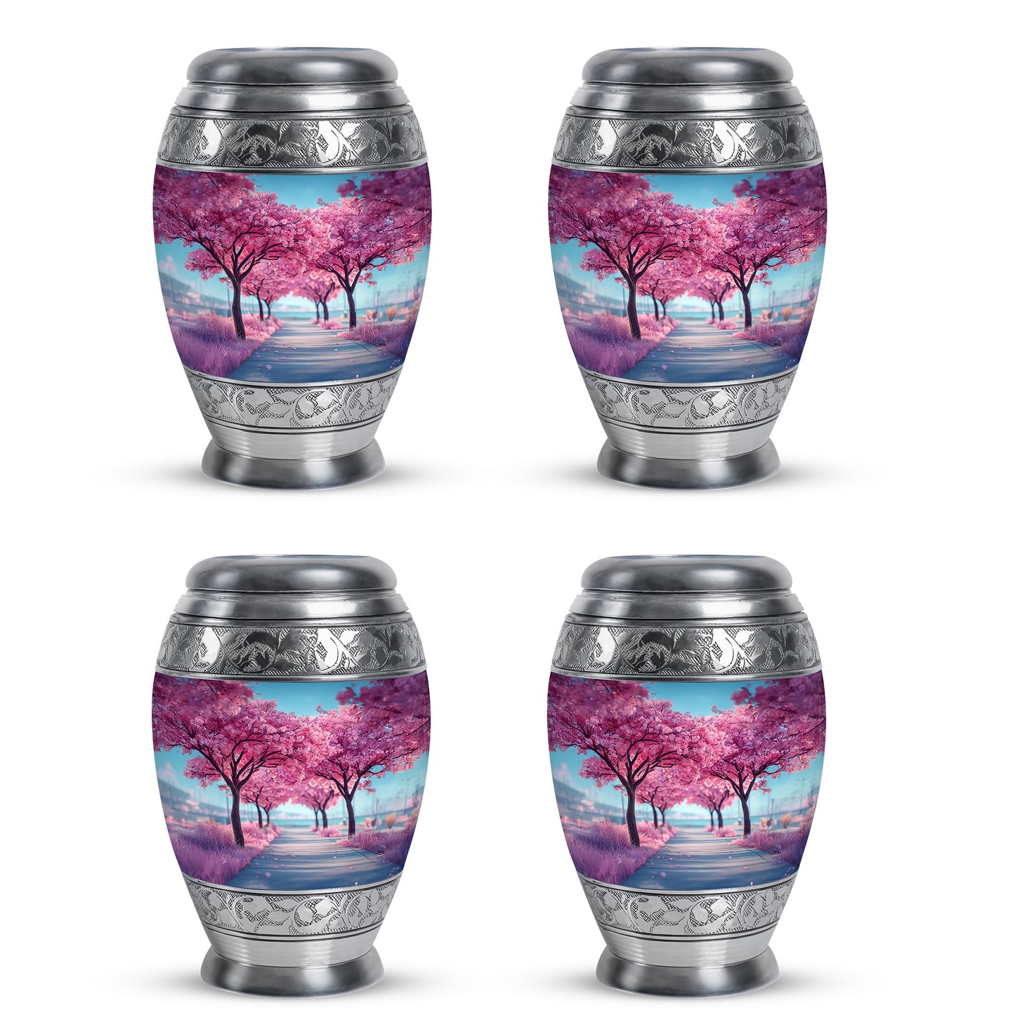 Dusty Blue Cherry Blossom Cremation Urn urn with complimentary velvet bag - ornate monarch-style cherry blossom relief on brushed aluminum - 10 inch aluminum urn for cremated remains