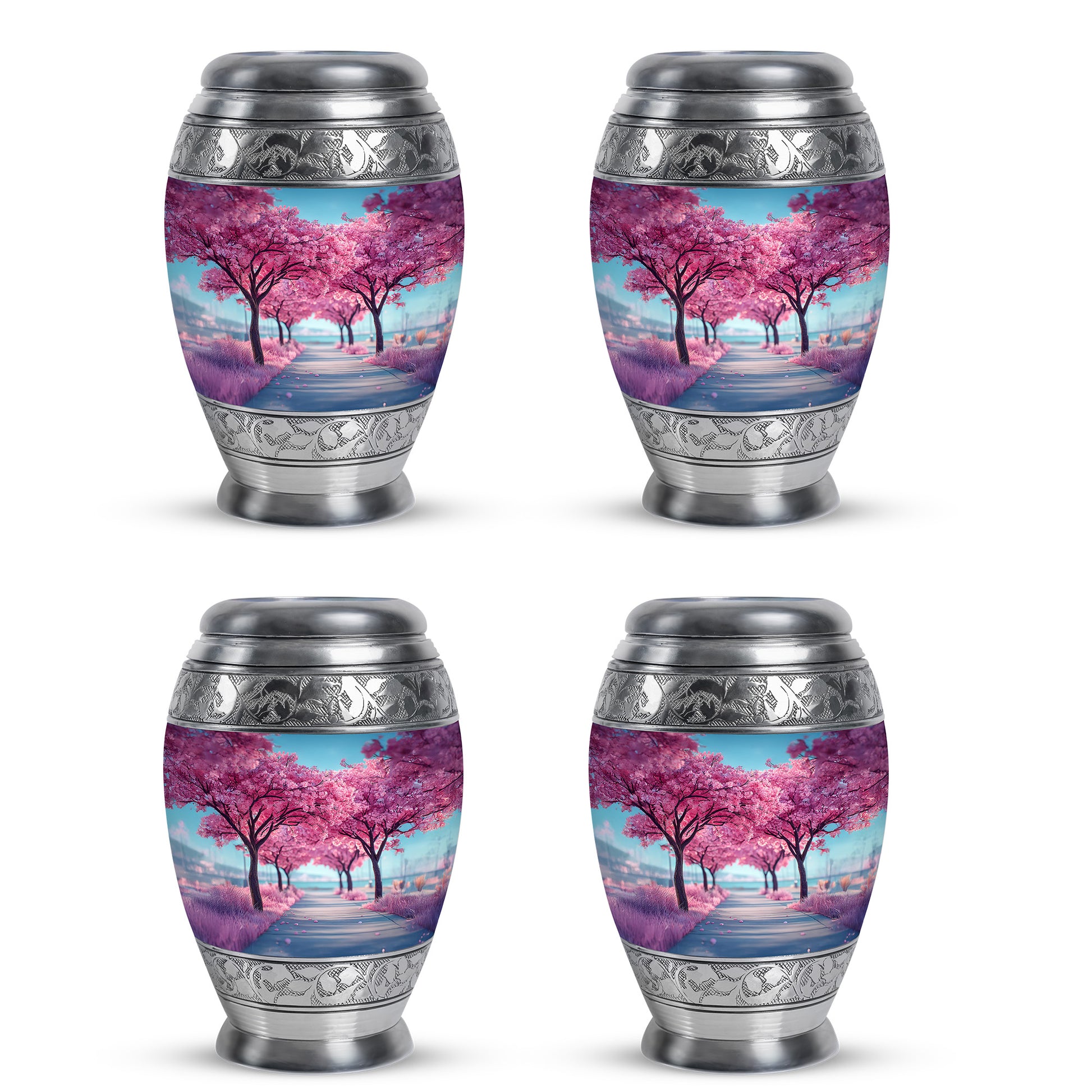 Dusty Blue Cherry Blossom Cremation Urn urn with complimentary velvet bag - ornate monarch-style cherry blossom relief on brushed aluminum - 10 inch aluminum urn for cremated remains