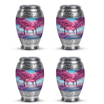 Dusty Blue Cherry Blossom Cremation Urn urn with complimentary velvet bag - ornate monarch-style cherry blossom relief on brushed aluminum - 10 inch aluminum urn for cremated remains