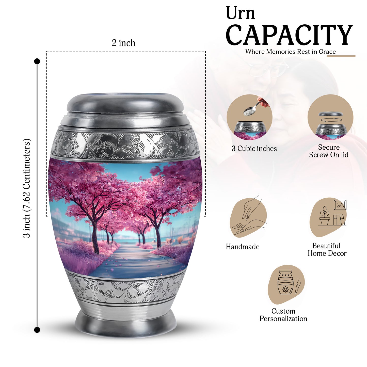Serene Blue Cherry Blossom Cremation Urn lifestyle display on memorial shelf - majestic cherry blossom pattern with filigree border - mini keepsake memorial for portion of cremation ashes