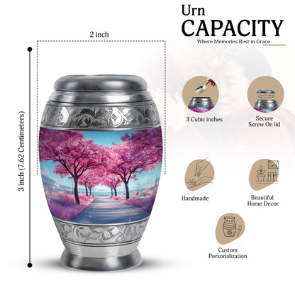 Serene Blue Cherry Blossom Cremation Urn lifestyle display on memorial shelf - majestic cherry blossom pattern with filigree border - mini keepsake memorial for portion of cremation ashes
