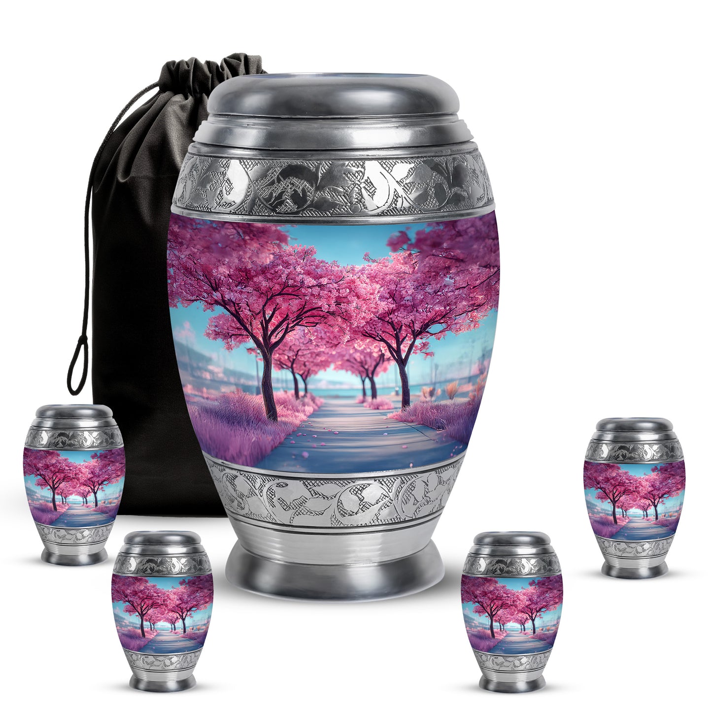 Celestial Blue Cherry Blossom Cremation Urn detail view - regal cherry blossom design with crown-inspired accents - memorial set with one large and four small urns