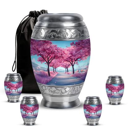 Celestial Blue Cherry Blossom Cremation Urn detail view - regal cherry blossom design with crown-inspired accents - memorial set with one large and four small urns