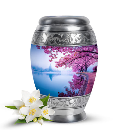 Blue Resounding Cherry Blossom Memorial Urn for Ashes - 10-inch, 200 cu in - Yatskia