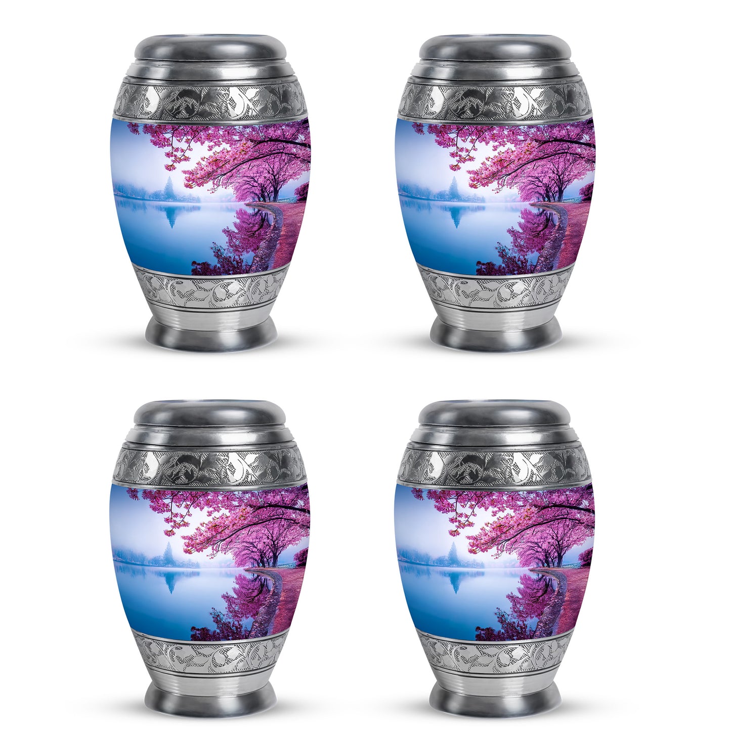 Steel Blue Cherry Blossom Cremation Urn urn with complimentary velvet bag - royal cherry blossom engraving with decorative scrollwork - 10 inch aluminum urn for cremated remains