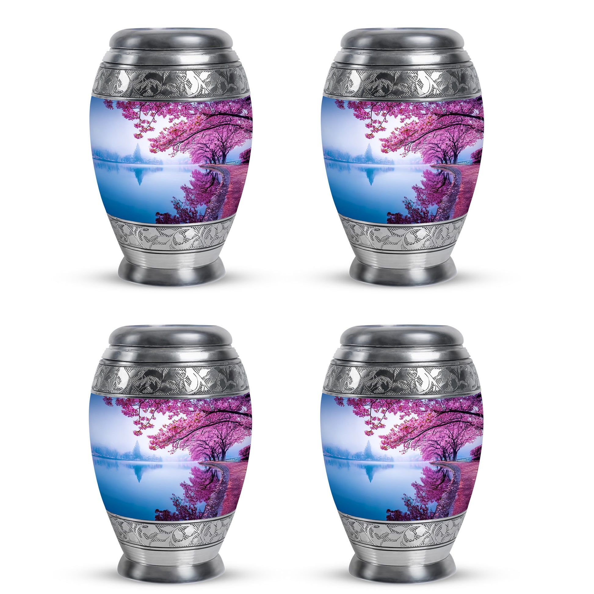 Steel Blue Cherry Blossom Cremation Urn urn with complimentary velvet bag - royal cherry blossom engraving with decorative scrollwork - 10 inch aluminum urn for cremated remains