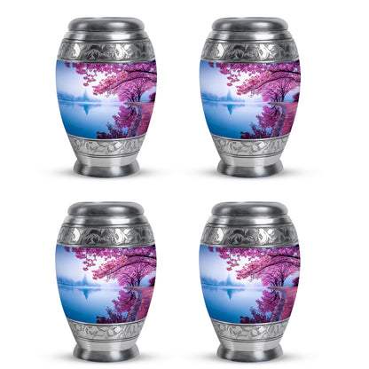 Steel Blue Cherry Blossom Cremation Urn urn with complimentary velvet bag - royal cherry blossom engraving with decorative scrollwork - 10 inch aluminum urn for cremated remains