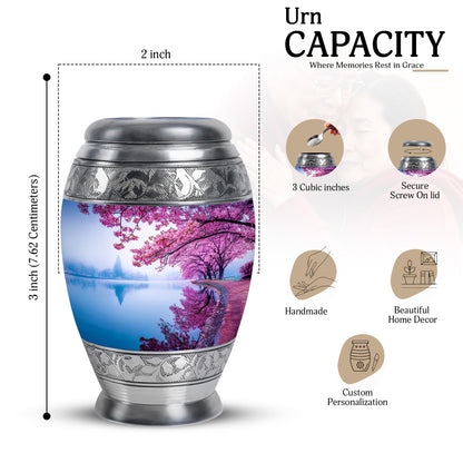 Slate Blue Cherry Blossom Cremation Urn lifestyle display on memorial shelf - regal cherry blossom design with crown-inspired accents - mini keepsake memorial for portion of cremation ashes