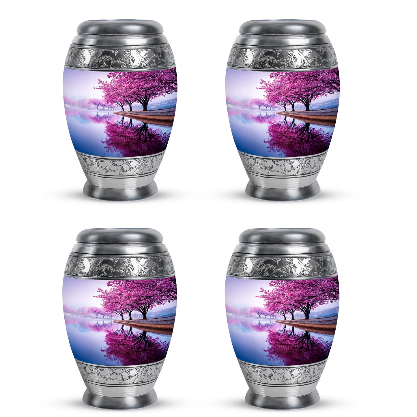 Silk White Cherry Blossom Cremation Urn urn with complimentary velvet bag - royal cherry blossom engraving with decorative scrollwork - 10 inch aluminum urn for cremated remains