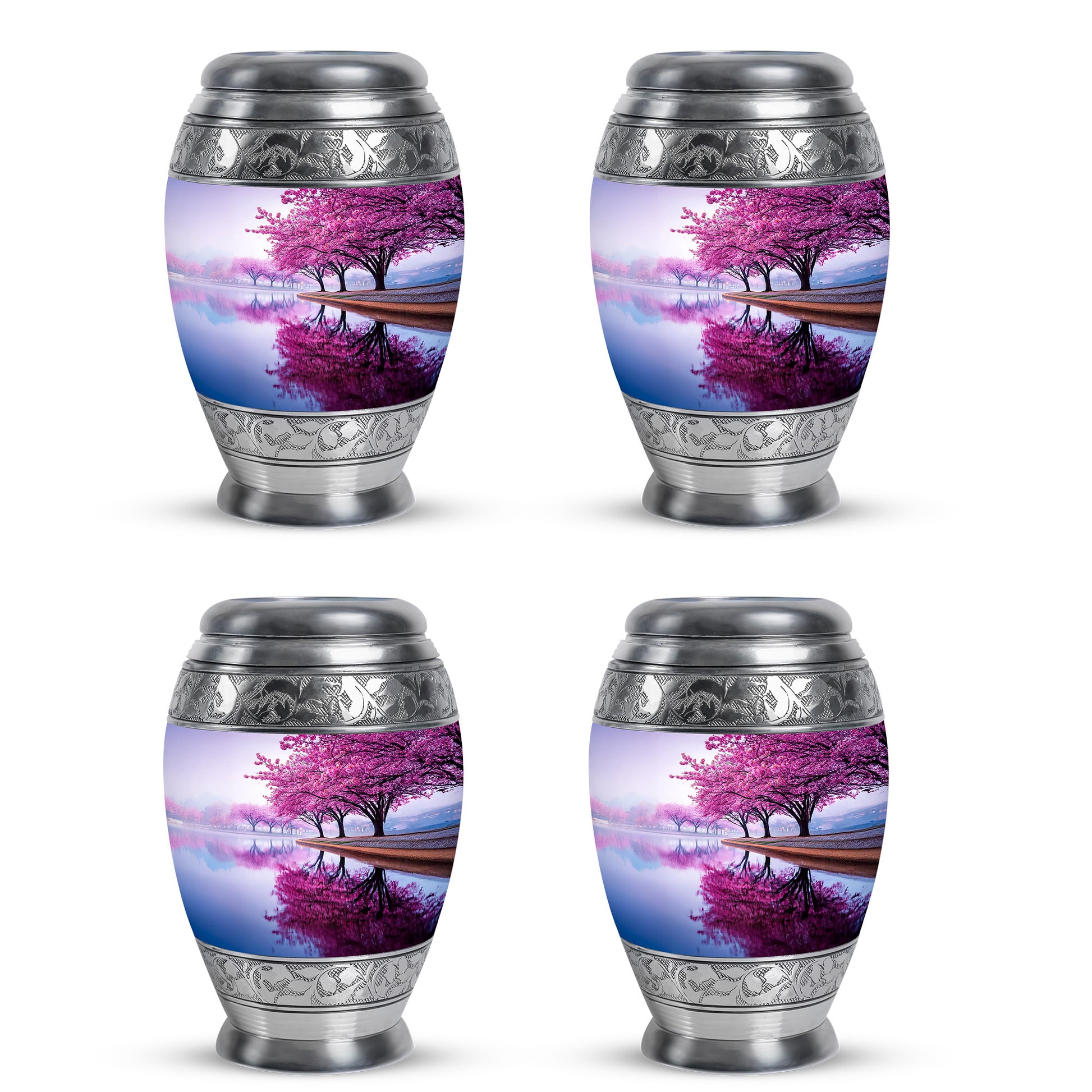 Silk White Cherry Blossom Cremation Urn urn with complimentary velvet bag - royal cherry blossom engraving with decorative scrollwork - 10 inch aluminum urn for cremated remains