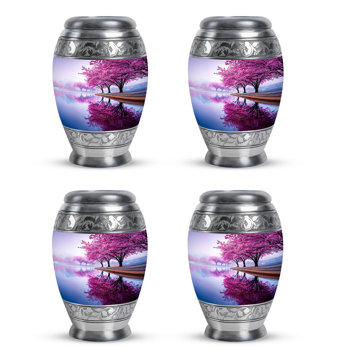 Silk White Cherry Blossom Cremation Urn urn with complimentary velvet bag - royal cherry blossom engraving with decorative scrollwork - 10 inch aluminum urn for cremated remains
