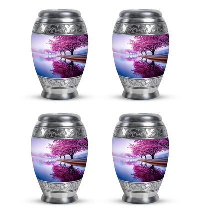 Silk White Cherry Blossom Cremation Urn urn with complimentary velvet bag - royal cherry blossom engraving with decorative scrollwork - 10 inch aluminum urn for cremated remains
