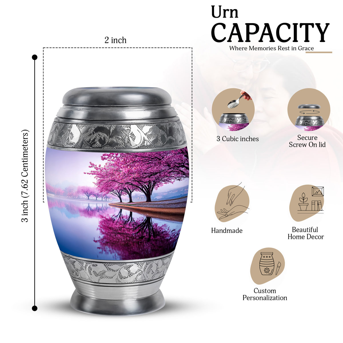 Silk White Cherry Blossom Cremation Urn lifestyle display on memorial shelf - majestic cherry blossom pattern with filigree border - mini keepsake memorial for portion of cremation ashes