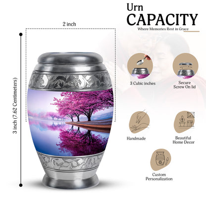 Silk White Cherry Blossom Cremation Urn lifestyle display on memorial shelf - majestic cherry blossom pattern with filigree border - mini keepsake memorial for portion of cremation ashes