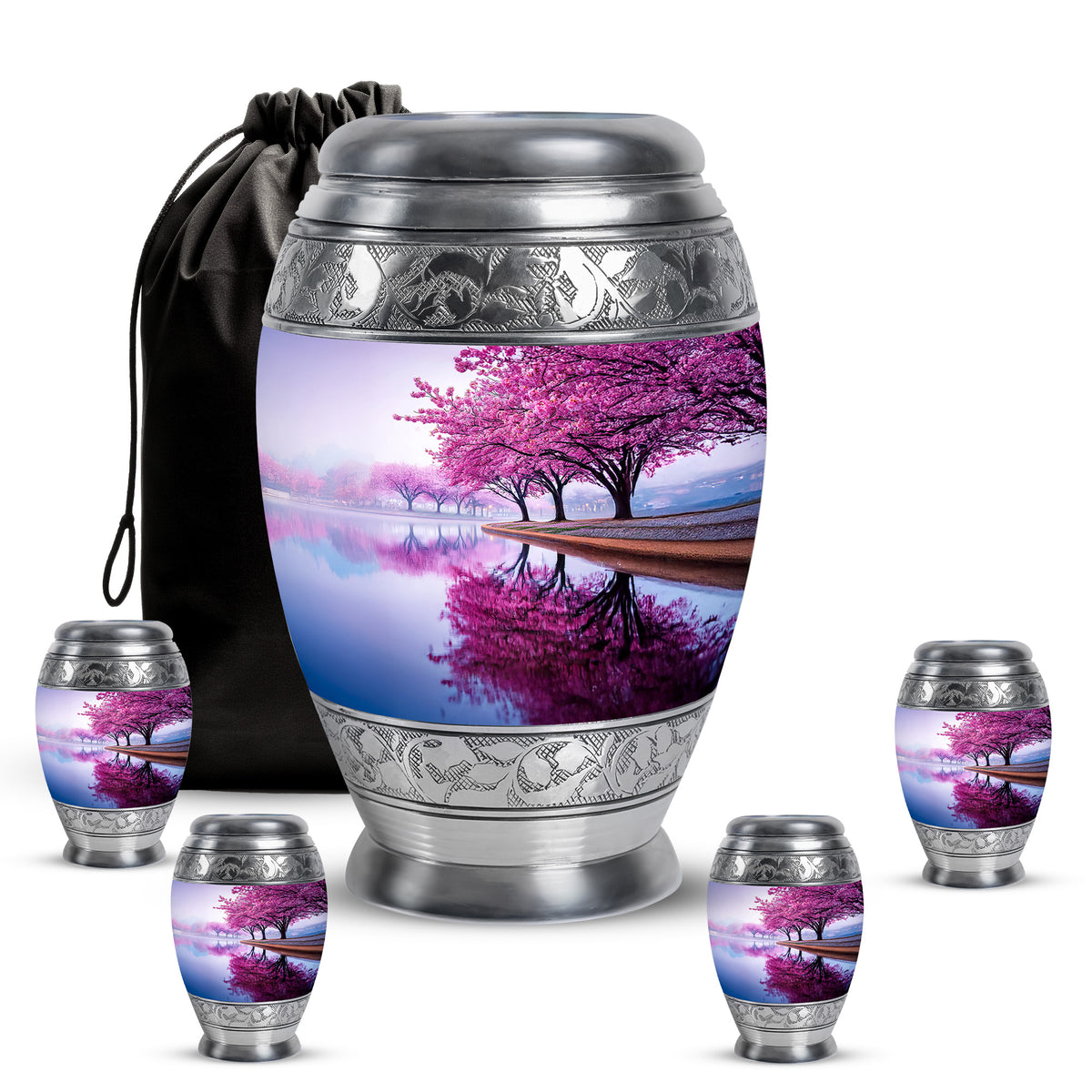 Frost White Cherry Blossom Cremation Urn detail view - ornate monarch-style cherry blossom relief on brushed aluminum - memorial set with one large and four small urns
