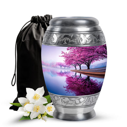 Frost White Cherry Blossom Cremation Urn back view with polished surface - ornate monarch-style cherry blossom relief on brushed aluminum - full-size 10 inch 200 cubic inch adult cremation urn
