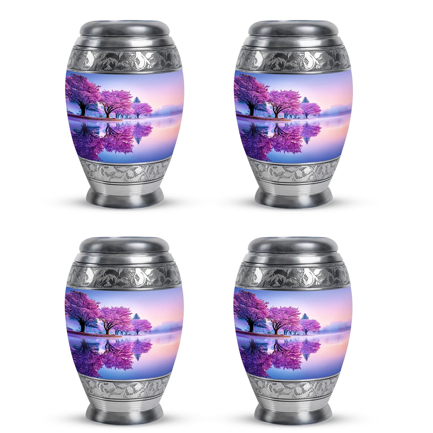 Pearl White Cherry Blossom Cremation Urn urn with complimentary velvet bag - majestic cherry blossom pattern with filigree border - 10 inch aluminum urn for cremated remains