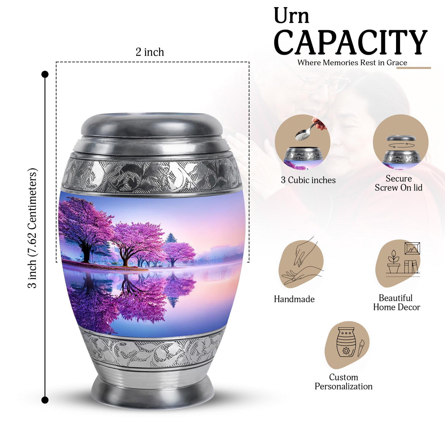 Ivory White Cherry Blossom Cremation Urn lifestyle display on memorial shelf - ornate monarch-style cherry blossom relief on brushed aluminum - mini keepsake memorial for portion of cremation ashes