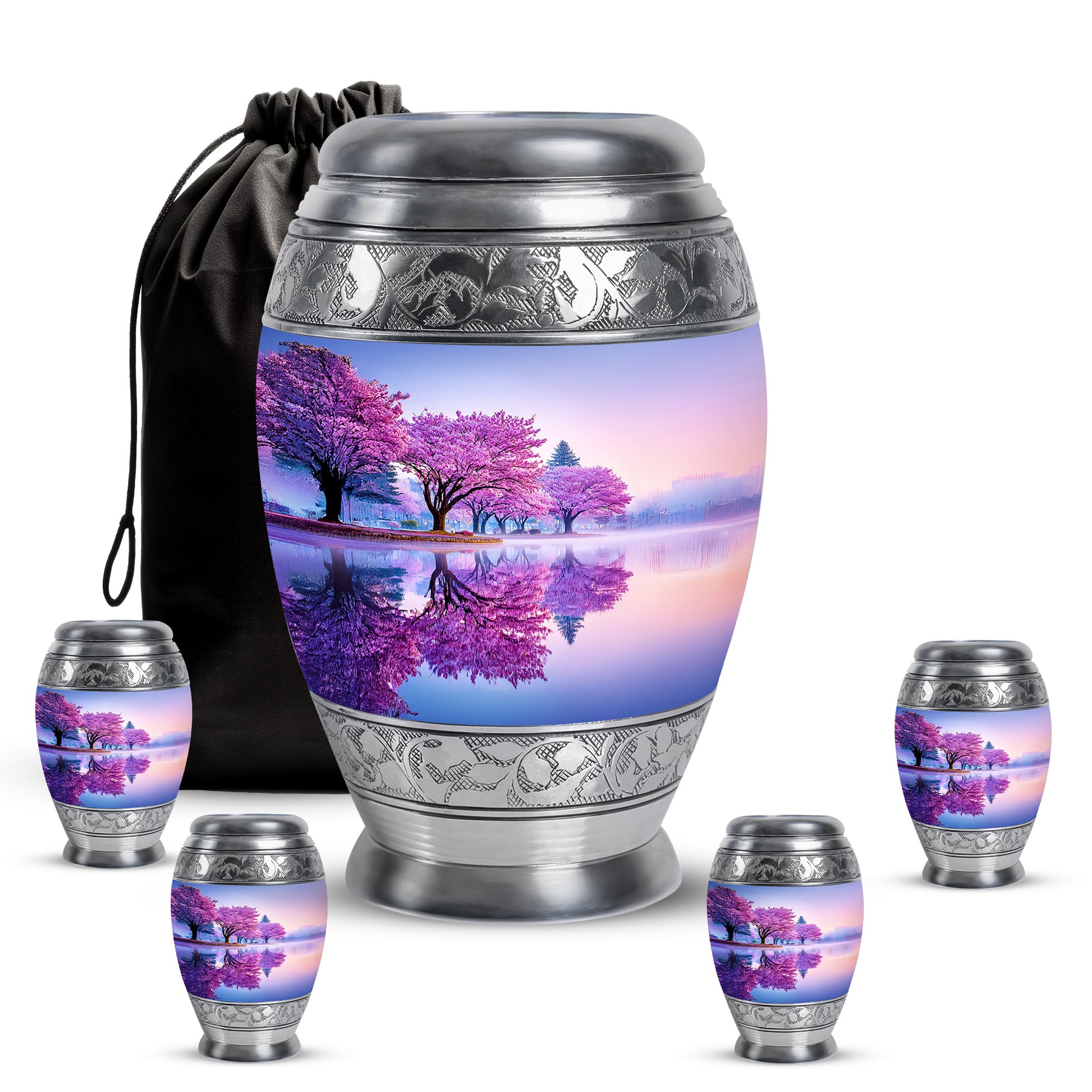 Frost White Cherry Blossom Cremation Urn detail view - ornate monarch-style cherry blossom relief on brushed aluminum - memorial set with one large and four small urns
