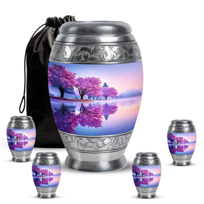 Frost White Cherry Blossom Cremation Urn detail view - ornate monarch-style cherry blossom relief on brushed aluminum - memorial set with one large and four small urns