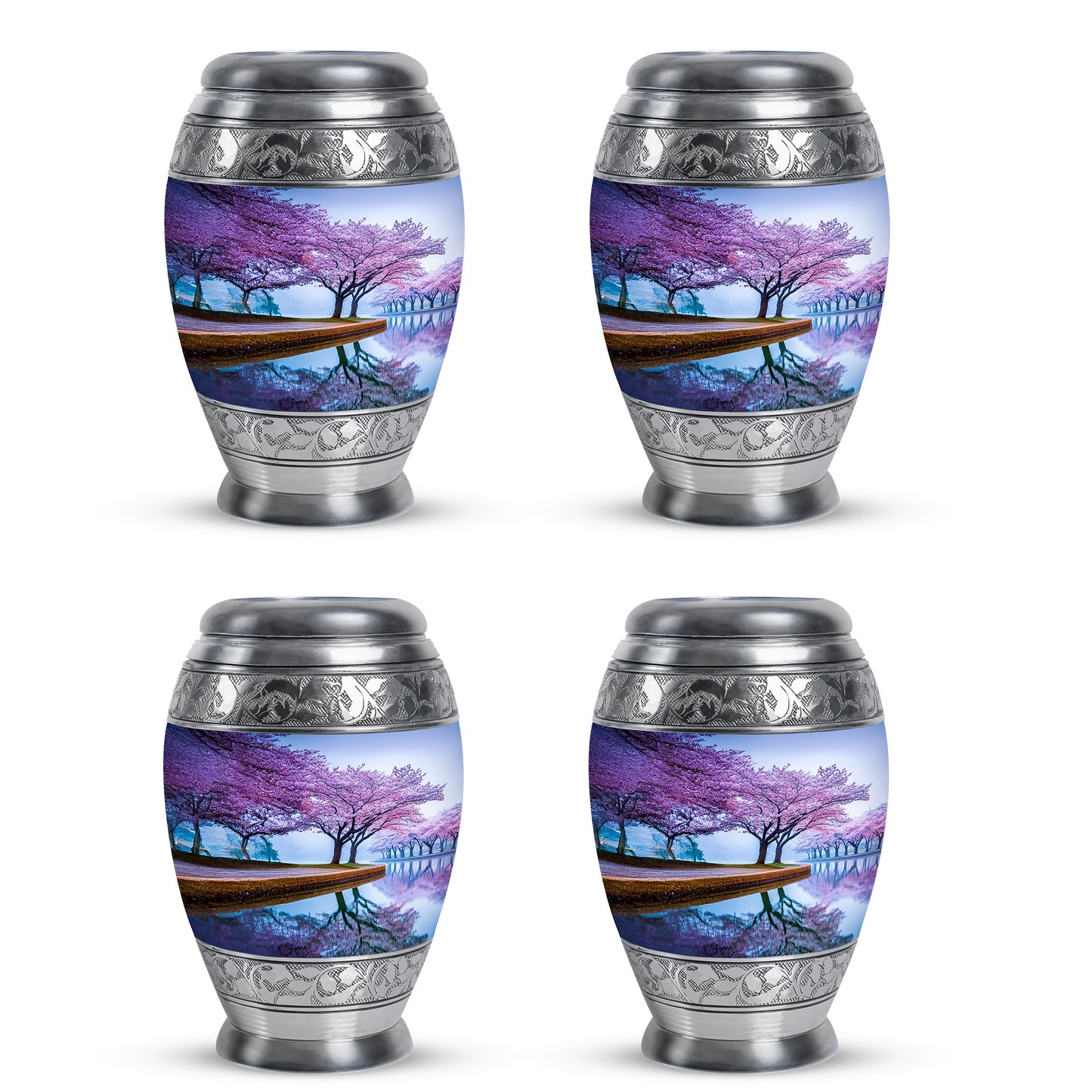 Sky Blue Cherry Blossom Cremation Urn urn with complimentary velvet bag - ornate monarch-style cherry blossom relief on brushed aluminum - 10 inch aluminum urn for cremated remains