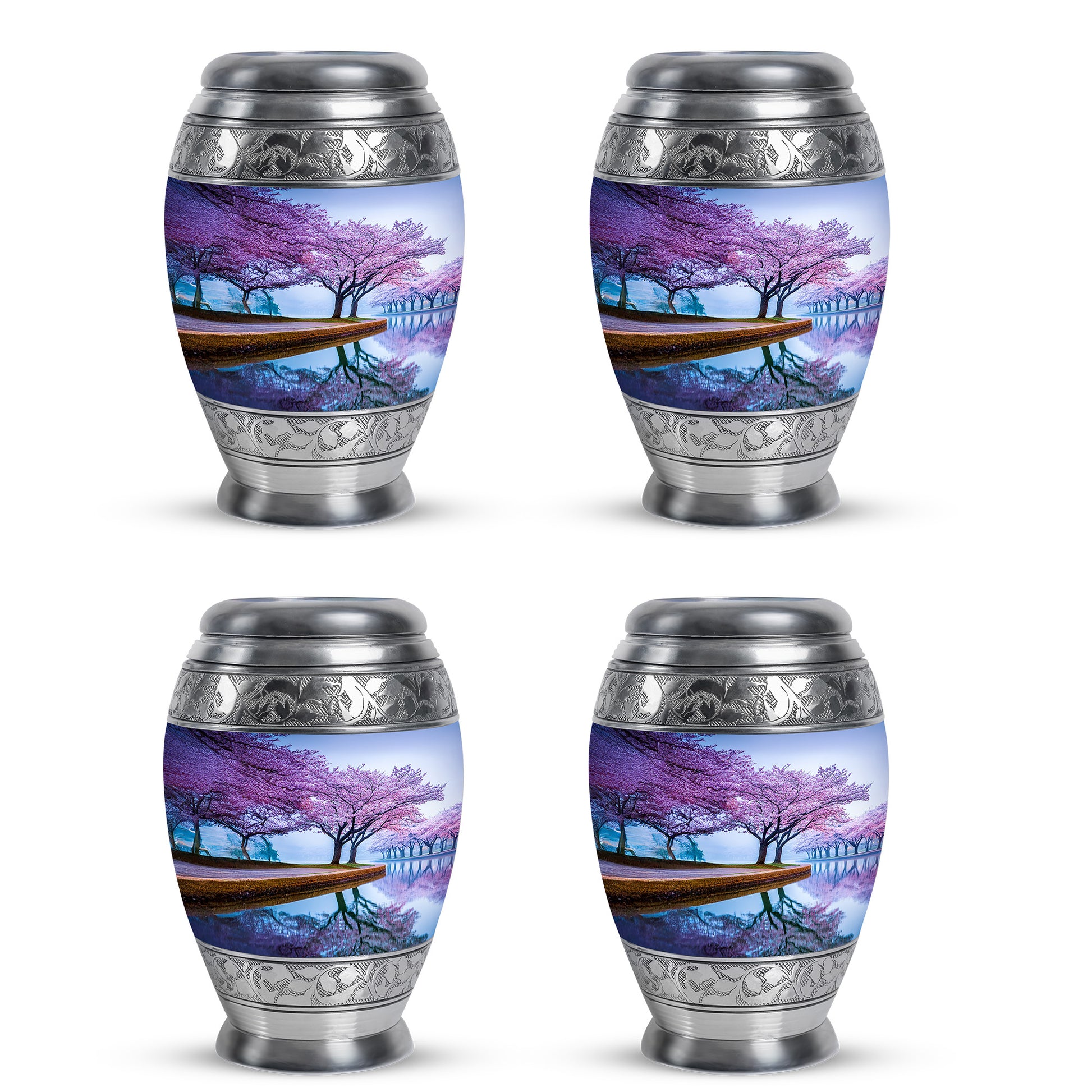 Sky Blue Cherry Blossom Cremation Urn urn with complimentary velvet bag - ornate monarch-style cherry blossom relief on brushed aluminum - 10 inch aluminum urn for cremated remains