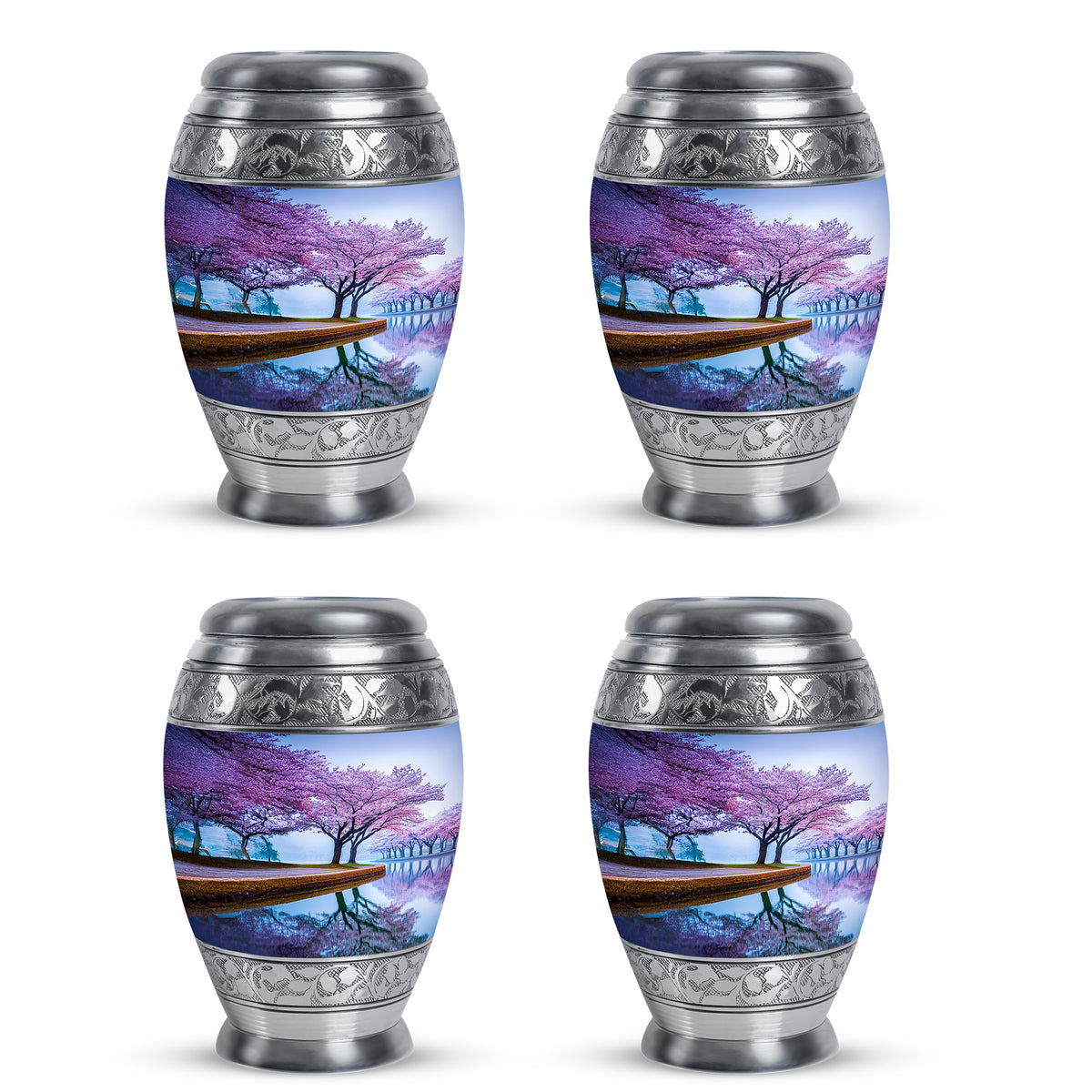 Sky Blue Cherry Blossom Cremation Urn urn with complimentary velvet bag - ornate monarch-style cherry blossom relief on brushed aluminum - 10 inch aluminum urn for cremated remains