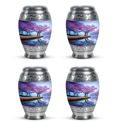 Sky Blue Cherry Blossom Cremation Urn urn with complimentary velvet bag - ornate monarch-style cherry blossom relief on brushed aluminum - 10 inch aluminum urn for cremated remains