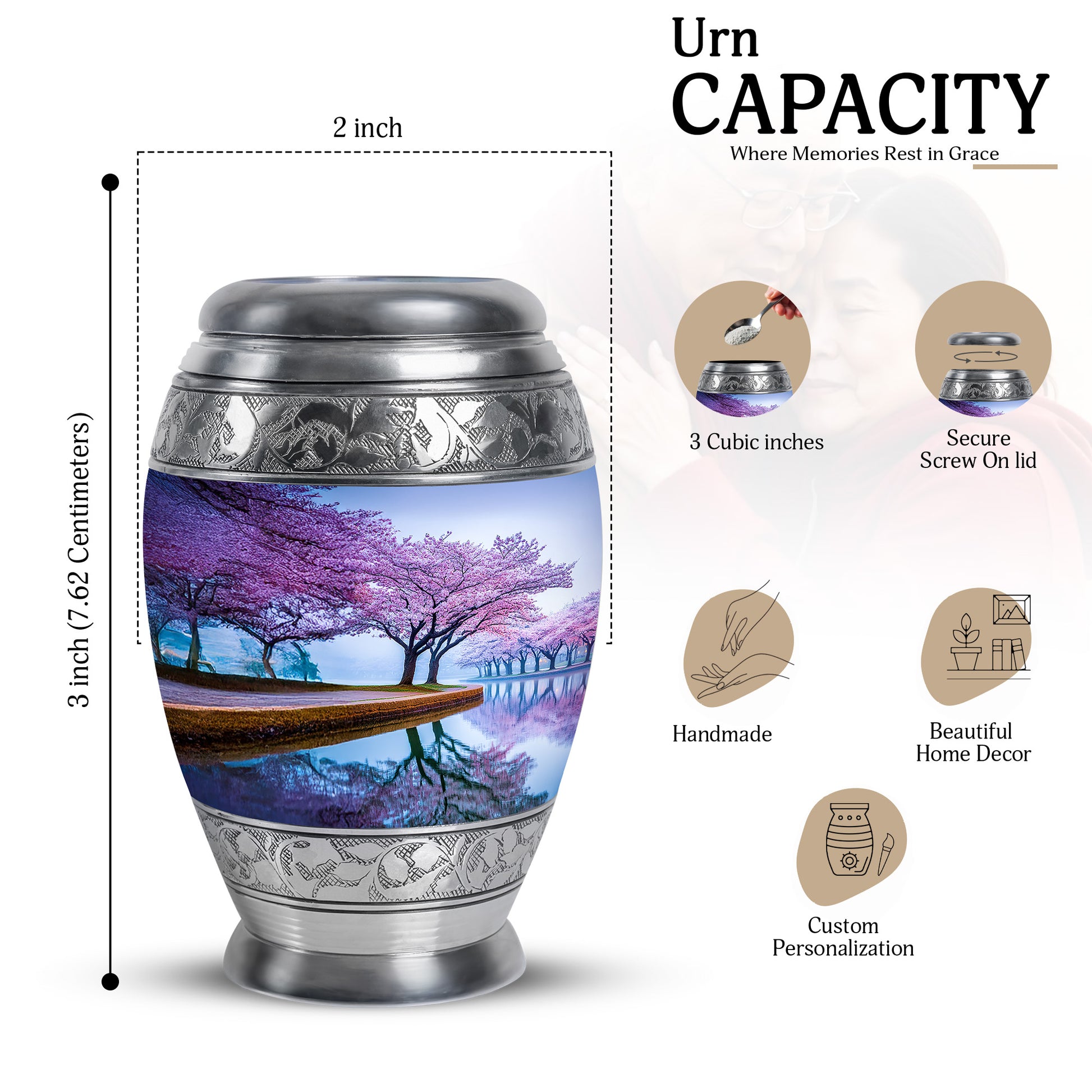 Sapphire Blue Cherry Blossom Cremation Urn lifestyle display on memorial shelf - royal cherry blossom engraving with decorative scrollwork - mini keepsake memorial for portion of cremation ashes