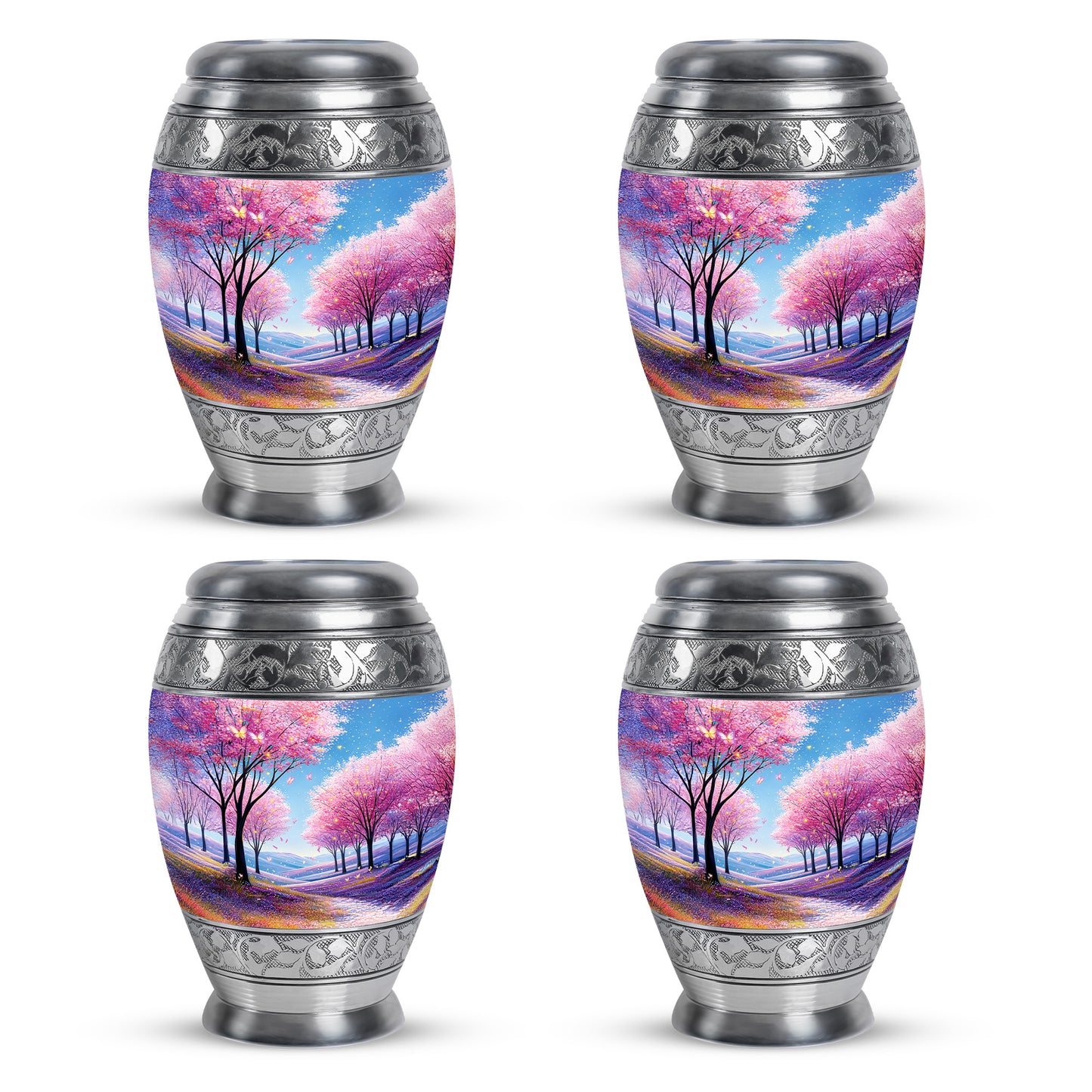 Royal Blue Cherry Blossom Cremation Urn urn with complimentary velvet bag - royal cherry blossom engraving with decorative scrollwork - 10 inch aluminum urn for cremated remains
