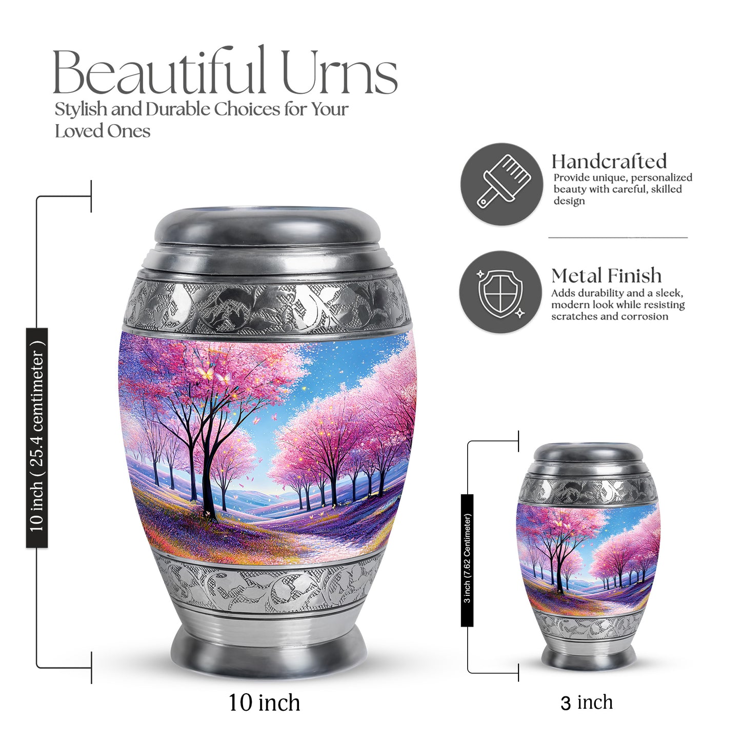 Calming Blue Cherry Blossom Cremation Urn lifestyle display on memorial shelf - royal cherry blossom engraving with decorative scrollwork - mini keepsake memorial for portion of cremation ashes
