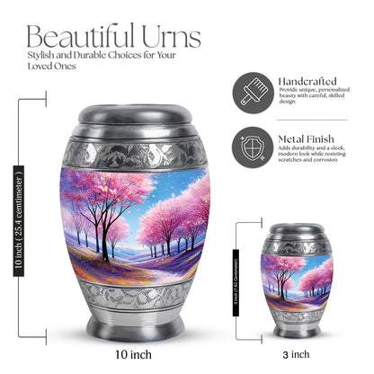 Calming Blue Cherry Blossom Cremation Urn lifestyle display on memorial shelf - royal cherry blossom engraving with decorative scrollwork - mini keepsake memorial for portion of cremation ashes
