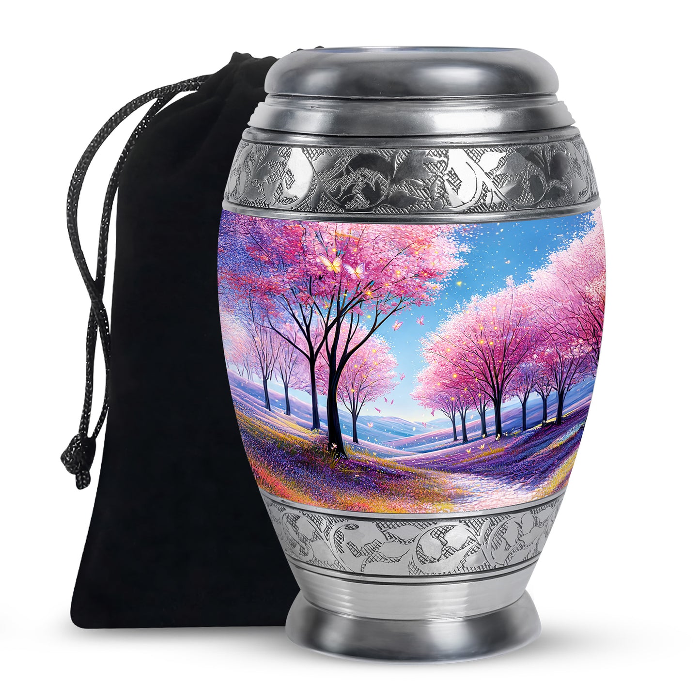 Slate Blue Cherry Blossom Cremation Urn back view with polished surface - regal cherry blossom design with crown-inspired accents - full-size 10 inch 200 cubic inch adult cremation urn