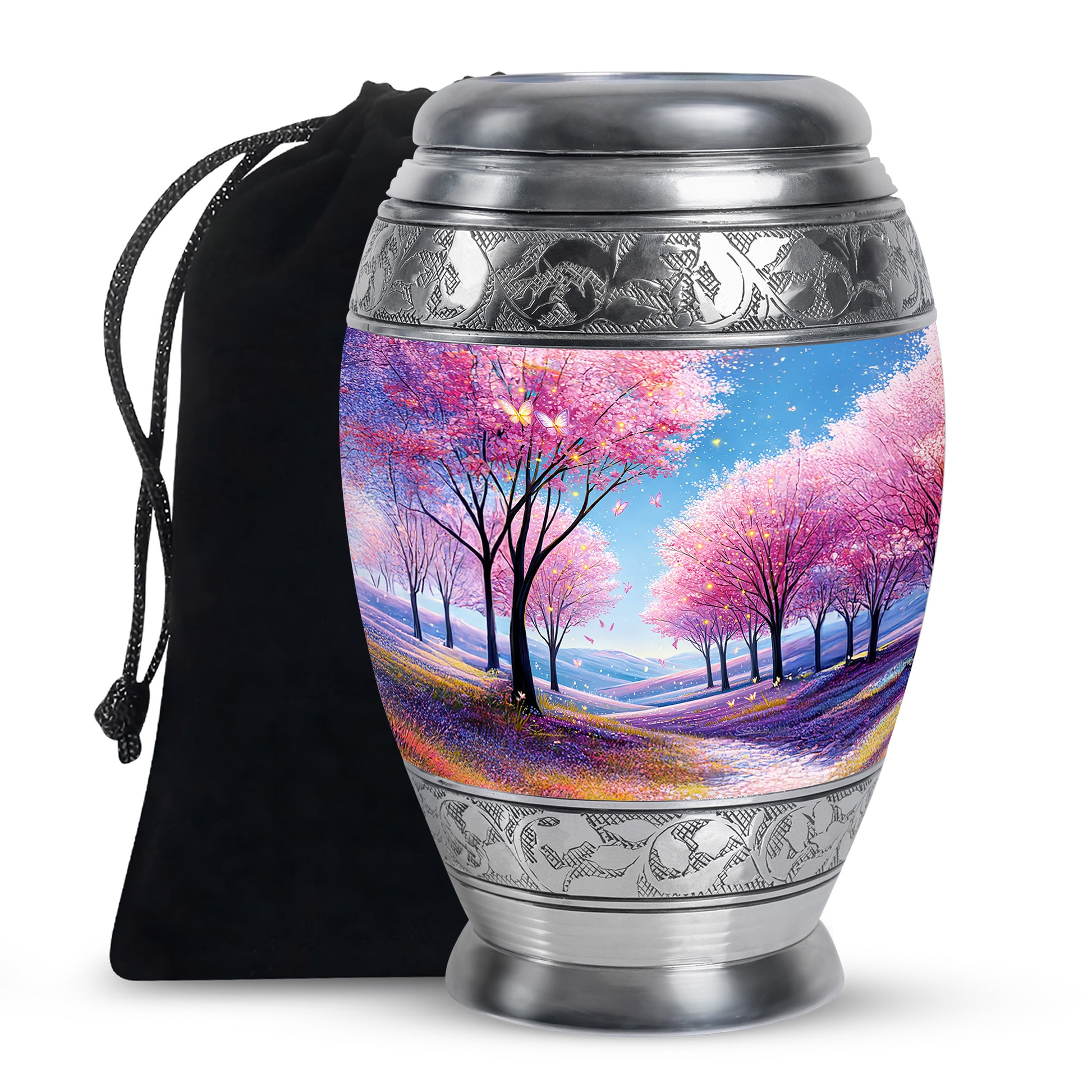 Slate Blue Cherry Blossom Cremation Urn back view with polished surface - regal cherry blossom design with crown-inspired accents - full-size 10 inch 200 cubic inch adult cremation urn