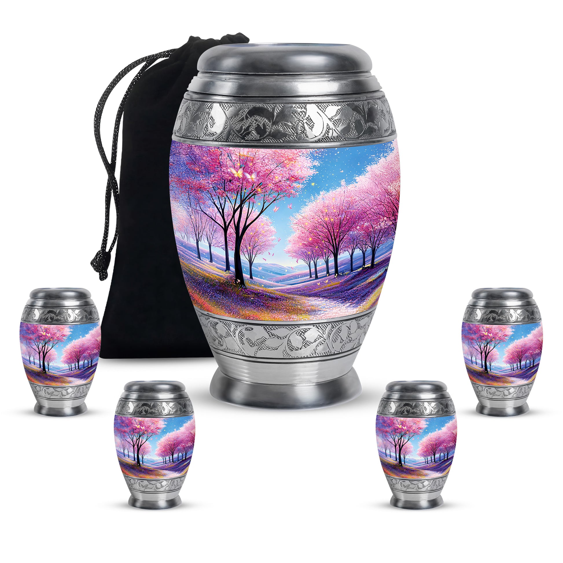 Vivid Blue Cherry Blossom Cremation Urn detail view - majestic cherry blossom pattern with filigree border - memorial set with one large and four small urns