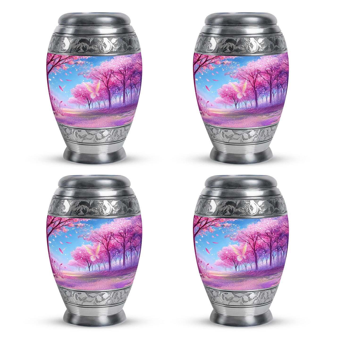 Violet Purple Cherry Blossom Cremation Urn urn with complimentary velvet bag - majestic cherry blossom pattern with filigree border - 10 inch aluminum urn for cremated remains