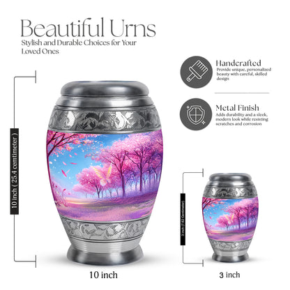 Royal Purple Cherry Blossom Cremation Urn lifestyle display on memorial shelf - majestic cherry blossom pattern with filigree border - mini keepsake memorial for portion of cremation ashes