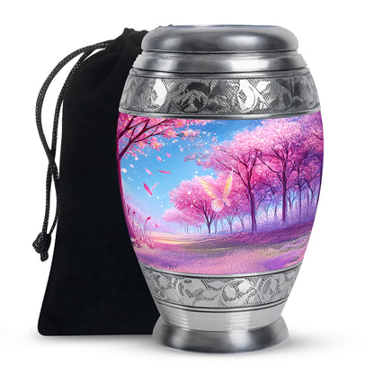 Grape Purple Cherry Blossom Cremation Urn back view with polished surface - majestic cherry blossom pattern with filigree border - full-size 10 inch 200 cubic inch adult cremation urn