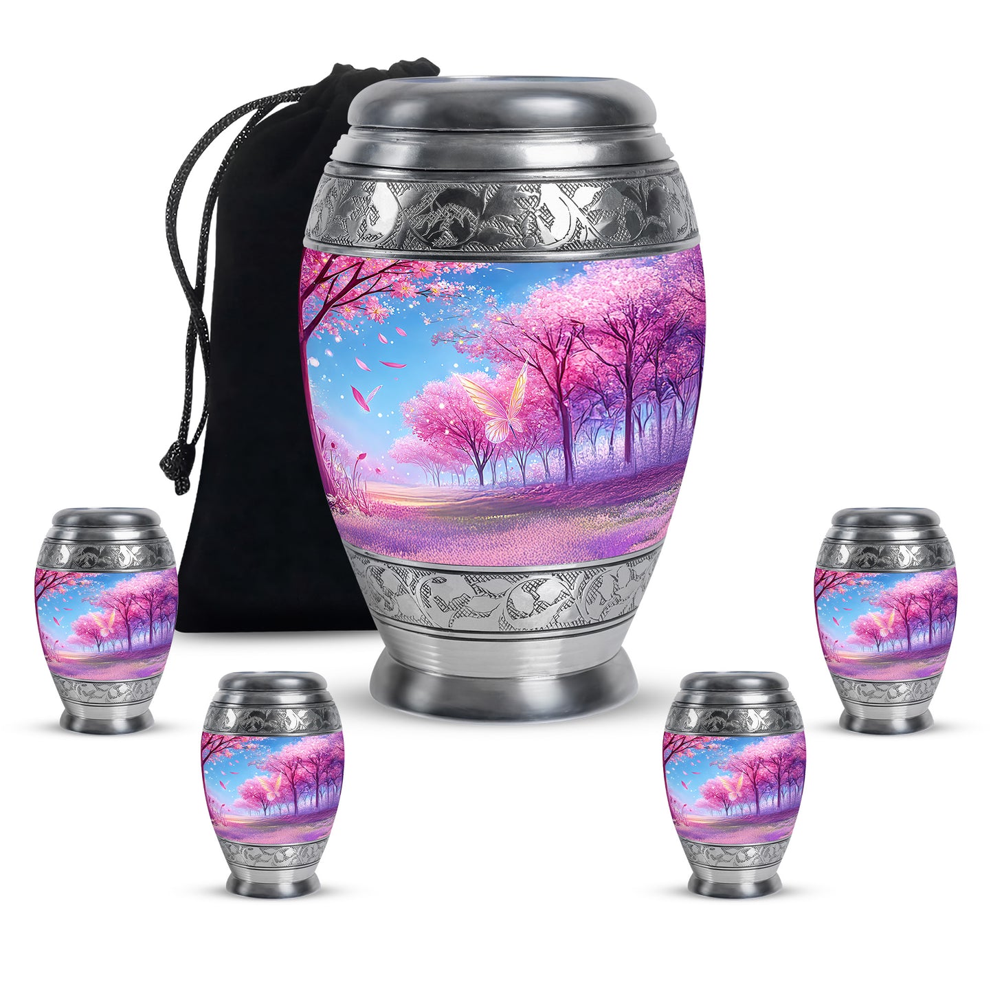 Majestic Purple Cherry Blossom Cremation Urn detail view - regal cherry blossom design with crown-inspired accents - memorial set with one large and four small urns