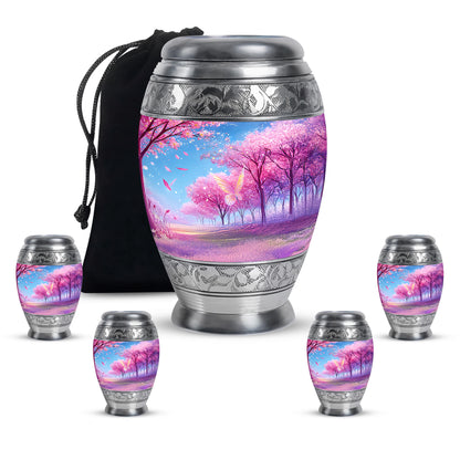 Majestic Purple Cherry Blossom Cremation Urn detail view - regal cherry blossom design with crown-inspired accents - memorial set with one large and four small urns