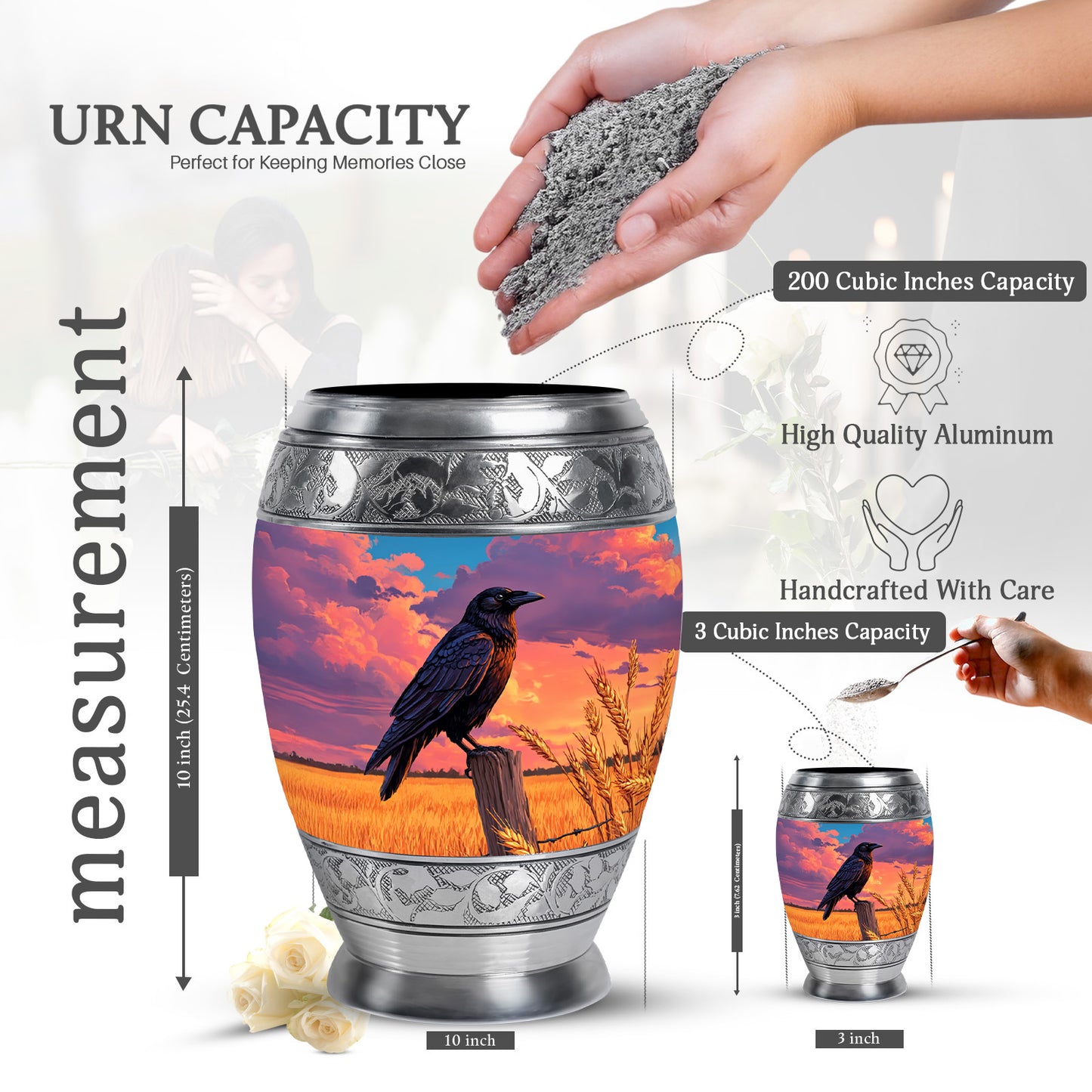 Dusty Blue Crow Cremation Urn lifestyle display on memorial shelf - regal crow design with crown-inspired accents - mini keepsake memorial for portion of cremation ashes