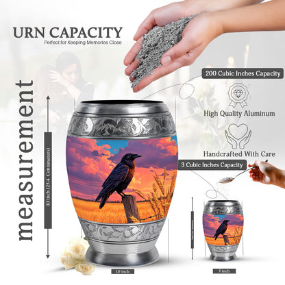 Dusty Blue Crow Cremation Urn lifestyle display on memorial shelf - regal crow design with crown-inspired accents - mini keepsake memorial for portion of cremation ashes