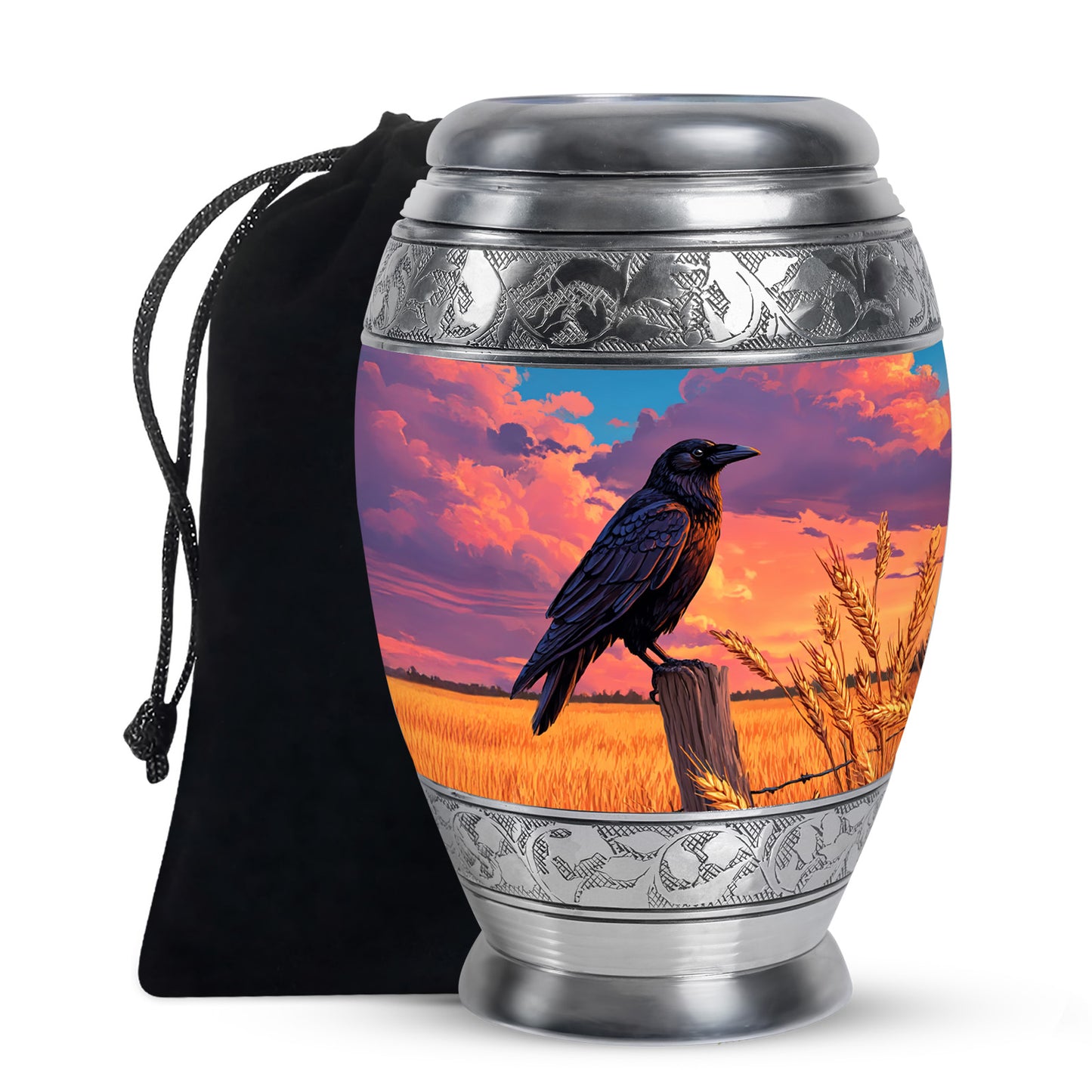 Cornflower Blue Crow Cremation Urn back view with polished surface - majestic crow pattern with filigree border - full-size 10 inch 200 cubic inch adult cremation urn
