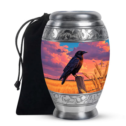 Cornflower Blue Crow Cremation Urn back view with polished surface - majestic crow pattern with filigree border - full-size 10 inch 200 cubic inch adult cremation urn