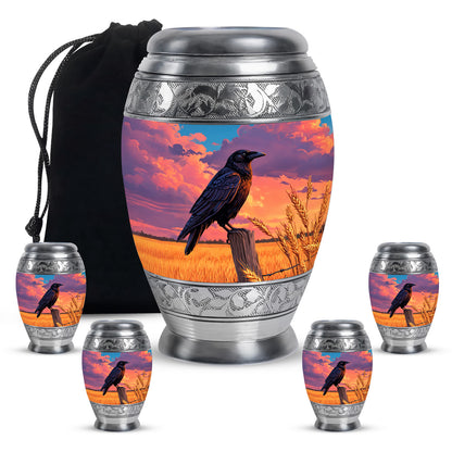 Steel Blue Crow Cremation Urn detail view - royal crow engraving with decorative scrollwork - memorial set with one large and four small urns