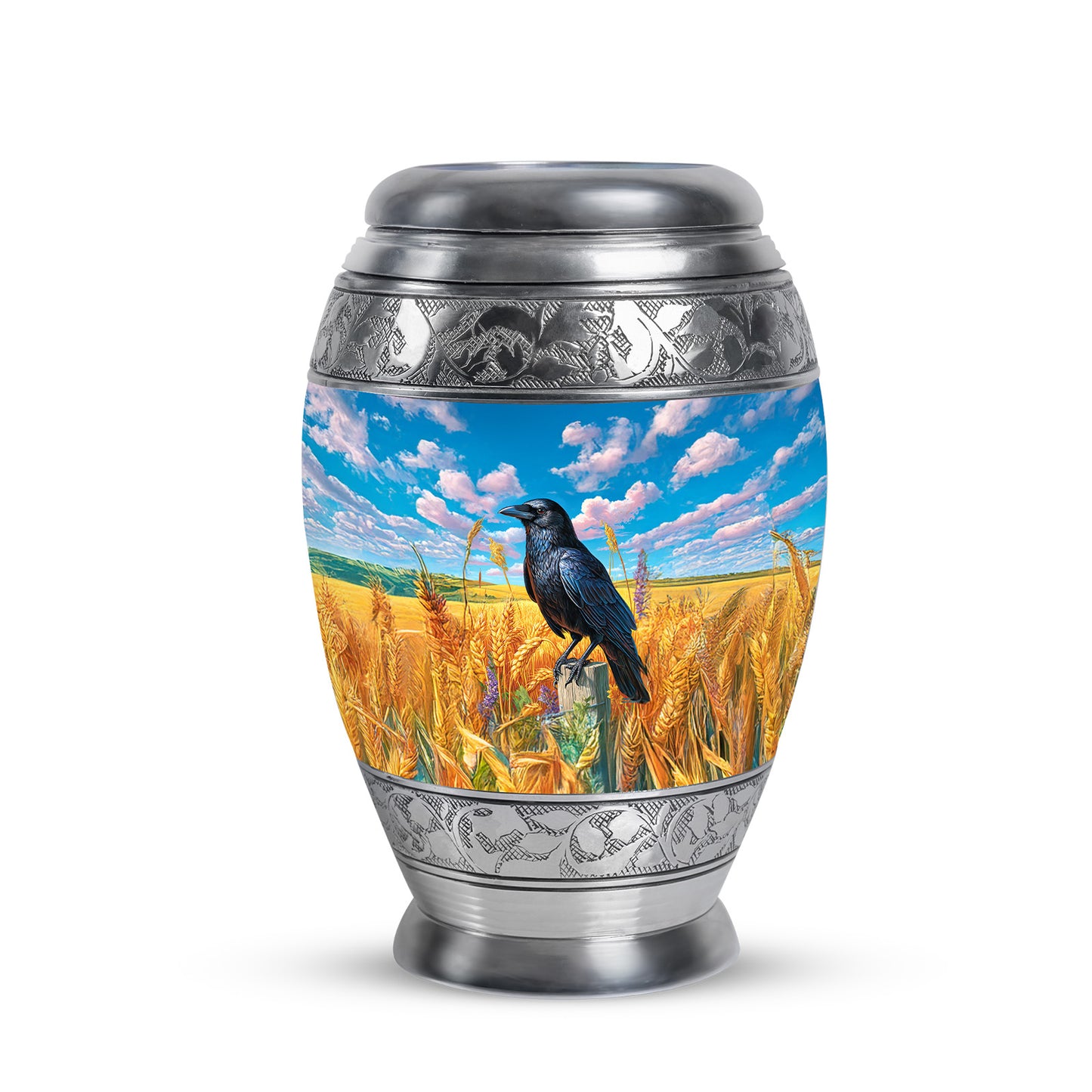 Personalized Blue Steadfast Crow Cremation Urns for Human Ashes - 10-inch, 200 cu in - Yatskia