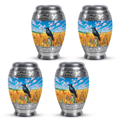Dusty Blue Crow Cremation Urn urn with complimentary velvet bag - regal crow design with crown-inspired accents - 10 inch aluminum urn for cremated remains