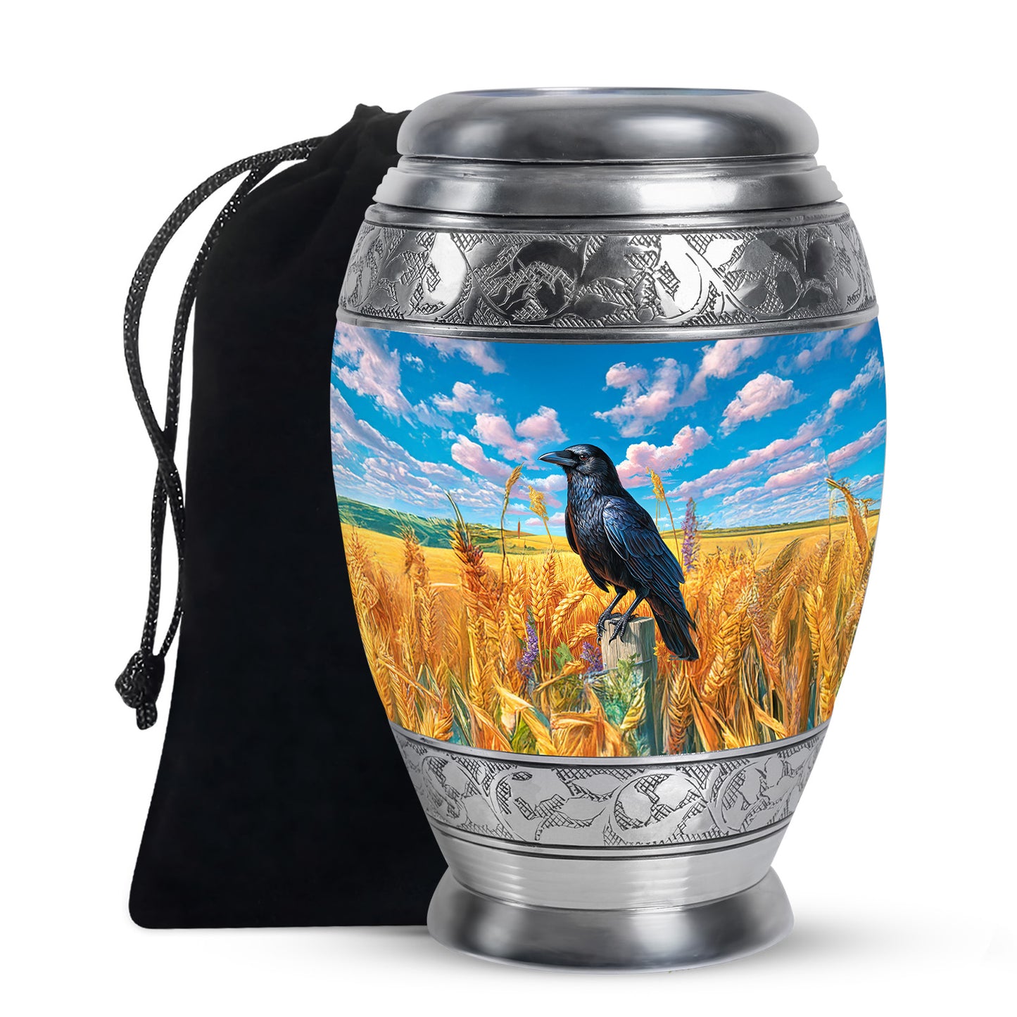 Celestial Blue Crow Cremation Urn back view with polished surface - ornate monarch-style crow relief on brushed aluminum - full-size 10 inch 200 cubic inch adult cremation urn