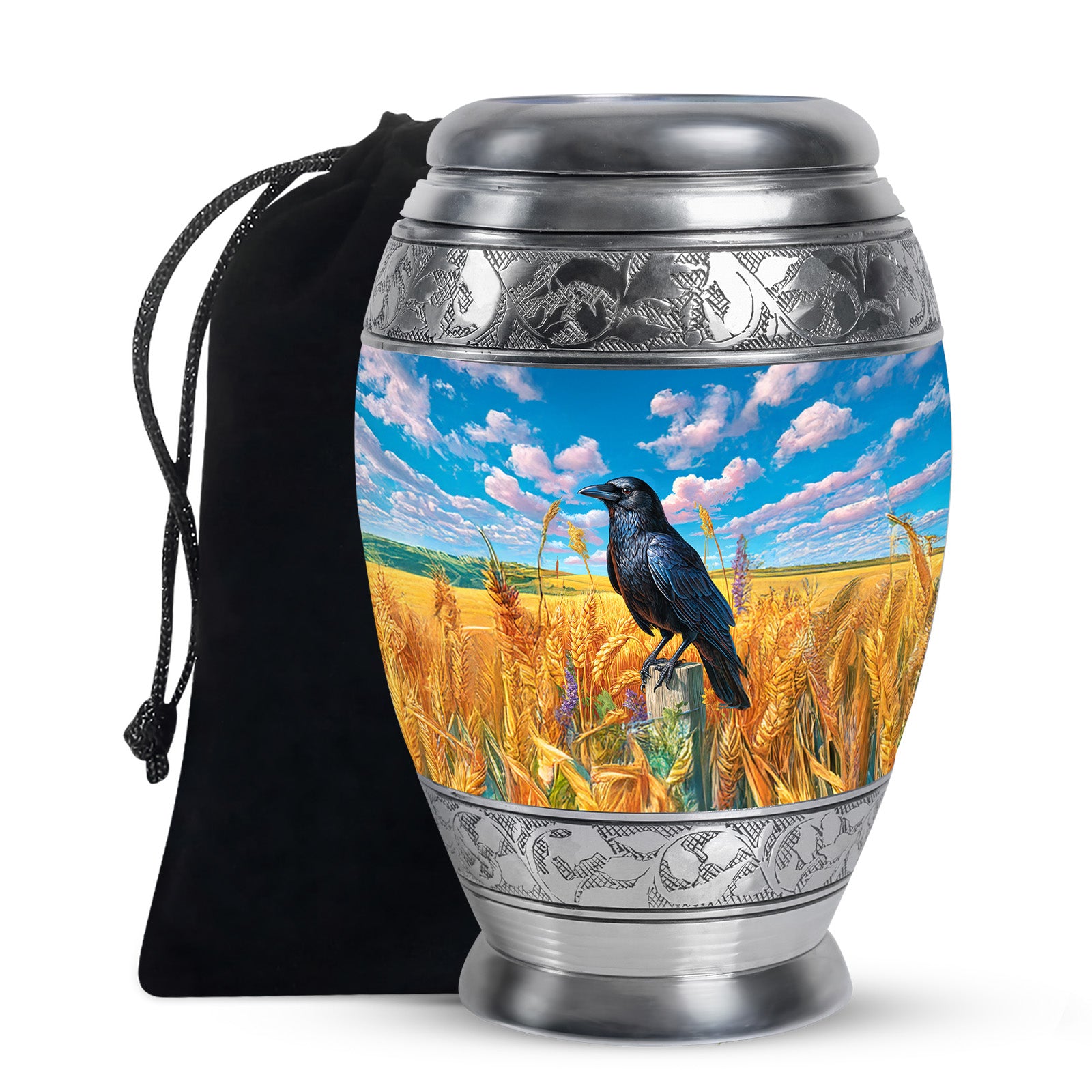 Celestial Blue Crow Cremation Urn back view with polished surface - ornate monarch-style crow relief on brushed aluminum - full-size 10 inch 200 cubic inch adult cremation urn
